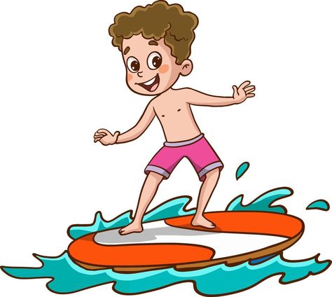 Young kids surfing on sea. Child on surf board on ocean wave. Surf Cartoon, Surfing Cartoon, Kids Surfing, Paddle Surfing, Surf Board, Ocean Wave, Baby Cartoon, Ocean Waves, Surfboard