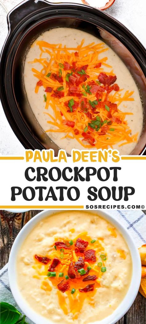 This easy potato soup with hash browns soup recipe by Paula Deen is amazing, and again this soup season we had to give you another one, and one of my favorites. Hash Brown Potato Soup Crockpot, Paula Dean Potato Soup, Hashbrown Potato Soup, Paula Deen Potato Soup, Cream Chicken Soup, Hash Brown Potato Soup, Potato Soup Crockpot Recipes, Potato Soup Crock Pot Easy, Potato Recipes Crockpot