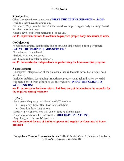 SOAP Notes  Occupational Therapy Examination Review Guide 3rd Edition, Caryn R. Johnson, Arlene Lorch,  Tina DeAngelis, page 35, question 155 Masters Of Occupational Therapy, Occupational Therapy Study Notes, Pre Therapy Notes, Occupational Therapy Documentation, Nbcot Exam Prep, Nbcot Exam, Notes Guide, Occupational Therapy Schools, Nursing Documentation