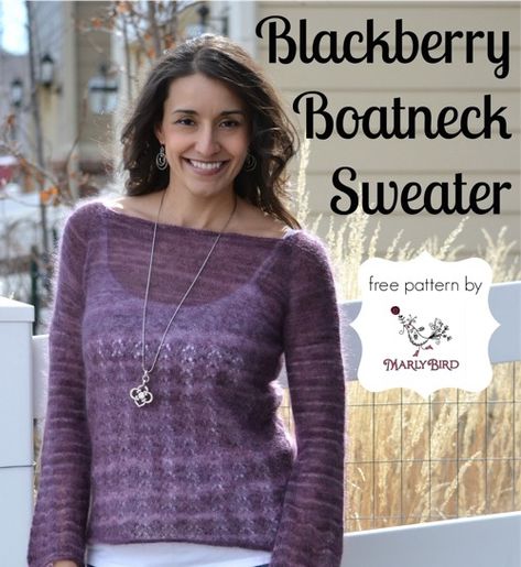 Saved to evernote Free knit sweater pattern that has a bite of lace and stockinette stitch. The Blackberry Boatneck Sweater by Marly Bird is a perfect fit for all body types. Marly Bird, Bird Free, Make Your Own Clothes, How To Purl Knit, Boatneck Sweater, Yarn Projects, Sweater Knitting Patterns, Stockinette Stitch, Free Knitting Pattern