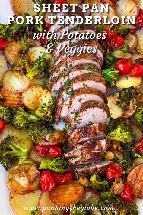 Here's a recipe for a whole dinner you can make on a sheet pan with 30 minutes of prep. Tender juicy spice-crusted pork tenderloin with roasted baby potatoes, broccoli and cherry tomatoes. This is a great recipe for for the weeknight dinner rotation. Pork Tenderloin Recipe Easy Sheet Pan Dinner, Roasted Pork Tenderloin With Potatoes, Pork Tenderloin With Roasted Vegetables, Roast Pork Tenderloin With Vegetables, One Pan Pork Tenderloin And Potatoes, One Pan Pork Loin Dinner, Pork Tenderloin With Tomatoes, Healthy Dinner Recipes Pork Tenderloin, Pork Tenderloin And Veggies In Crockpot