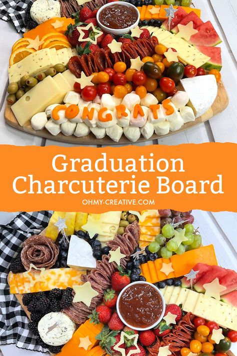 If you are looking for great graduation party foods look no further! Feed a crowd and make a showy and celebratory Graduation Charcuterie Board. This will become one of your favorite Graduation Party Ideas because it's so easy and impresses everyone that sees it. Include delicious charcuterie meets and cheeses along with fresh fruit for your grad party guests! Graduation Charcuterie Board, Graduation Charcuterie, High School Graduation Party Food, Grad Party Food, Cheese Stars, Charcuterie Board Ideas, Graduation Party Foods, Graduation Party Ideas, Boursin Cheese