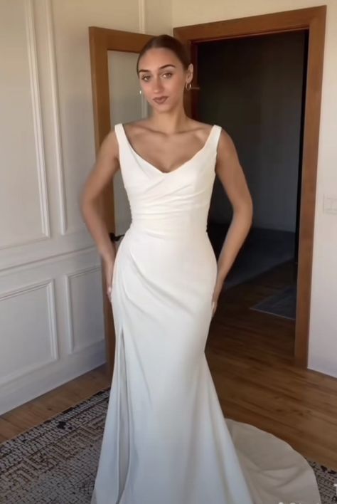 Wedding Dresses Simple Deep V, Minimal Classy Wedding Dress, Simple Ruched Wedding Dress, V Neck Open Back Wedding Dress, Wedding Dress Scoop Neckline, Square Neck Mermaid Wedding Dress, Classy Timeless Wedding Dress, Morning Wedding Dress, Wedding Dresses For Big Busts