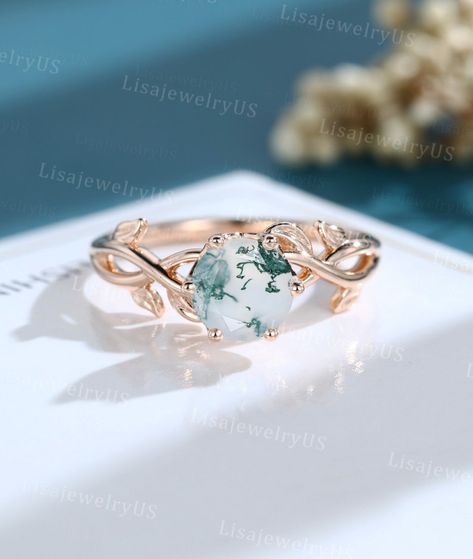 Moss Agate Engagement Ring Rose Gold Vintage Engagement Ring | Etsy Dainty Engagement Rings Green, Leaf Promise Ring, Rose Gold Moss Agate Ring, Plant Inspired Engagement Rings, Engagement Rings Vine, Untraditional Engagement Rings Gold, Fairy Like Engagement Rings, Light Green Wedding Ring, Unique Engagement Rings Gold Band