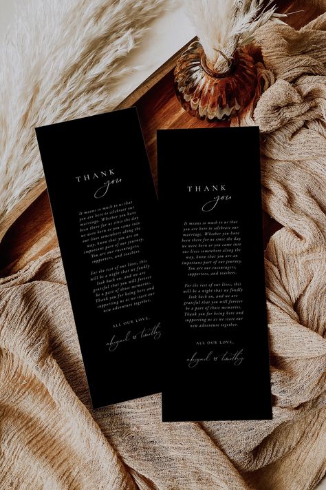 "Modern Wedding Table Thank You Template - With this template, you can edit all background colors, font colors, fonts, font sizes, and text! Note: This is an EDITABLE TEMPLATE. No physical product will be shipped to you. 🧡 MATCHING ITEMS: https://etsy.me/3kLVlor 🧡 TRY BEFORE YOU BUY: https://www.corjl.com/d/25LGKK WHAT YOU WILL RECEIVE A DIY customizable Thank You Note Template in the following size: * 4x9\" HOW TO ORDER ① Purchase your template ② A message from Corjl.com will be sent to the e Modern Wedding Table, Thank You Note Template, Black Napkins, Wedding Table Setting, Thank You Template, Elegant Modern Wedding, Template Black, Shipping Envelopes, Wedding Table Settings