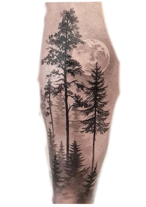 Forest Trees Tattoo Design, Full Sleeve Tree Tattoos For Guys, Forest Tree Tattoo Design, Tree Scenery Tattoo, Tall Tree Tattoo, City Scape Tattoo, Moon Trees Tattoo, Woods Tattoo Design, Forest River Tattoo