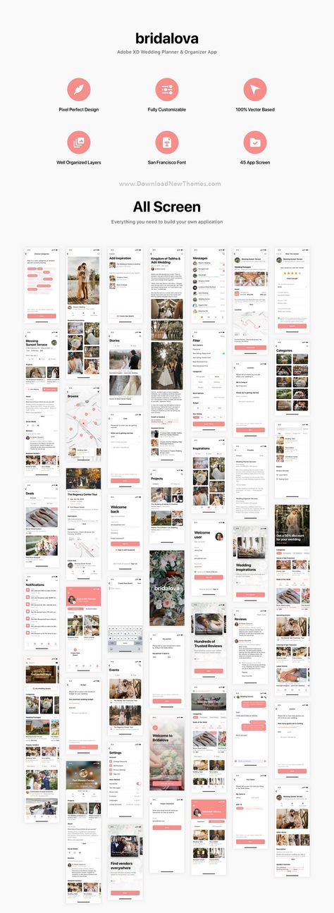 Bridalova is a clean, elegant and modern design premium Adobe XD template for wedding couple, wedding bridal shop, wedding planner, organizer, atelier and any kind of wedding industry mobile app. It contains all 45 screens in layered and organized elements. Each screen fully customizable, easy to use and carefully assembled in Adobe XD. This template is ready to use for iOS app to download now & live preview click on image 👆 Onboarding App, Wedding Planner Website, Wedding App, Figma Design, Wedding Website Design, Mobile Wedding, Wedding Organizer Planner, Mobile Application Design, Ux Research