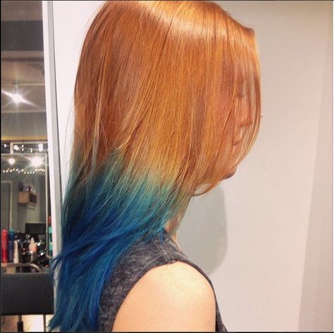 San Francisco hair | Edo Salon: little spark of inspiration Ginger Hair With Blue Streaks, Ginger And Blue Hair, Orange Dip Dye Hair, Ginger Reverse Ombre, Red Hair Ends Dip Dye, Orange And Blue Hair, Blue Hair Ends Dip Dyed, Serena Hair, Blonde Hair With Blue Highlights