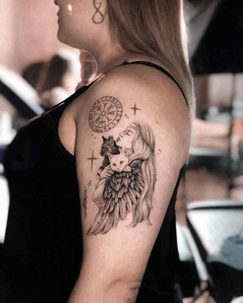 Goddess Freya Symbol Tattoo by @ivygabrielli - Tattoogrid.net Hecate Goddess Tattoo Design, Freya Symbol, Norwegian Tattoo, Goddess Freya, Freya Goddess, Valkyrie Tattoo, Greek Mythology Tattoos, Norse Goddess, Witch Tattoo