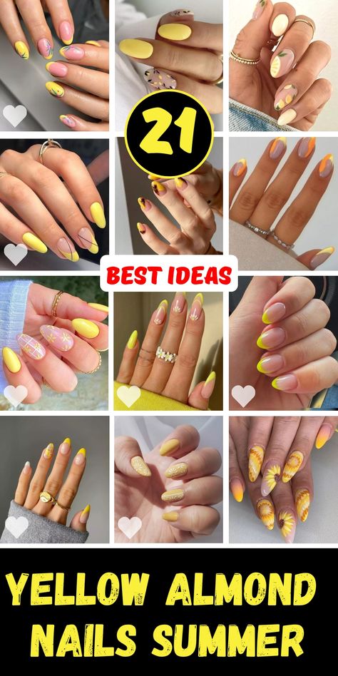 Embrace the beauty of yellow almond nails this summer with our exclusive designs. Merging bright yellow tones with artistic flair, these acrylic nails are all about making a statement. From bold patterns to subtle art, each design is crafted to inspire and impress. Get ready to transform your nails into stunning works of art this season. Yellow Almond Nails Design, Fresh Summer Nails, Yellow Almond Nails, Bright Summer Nail Colors, Summer Nails Almond, Summer Nail Colors, Almond Nails Designs, Nails Prom, Almond Acrylic Nails