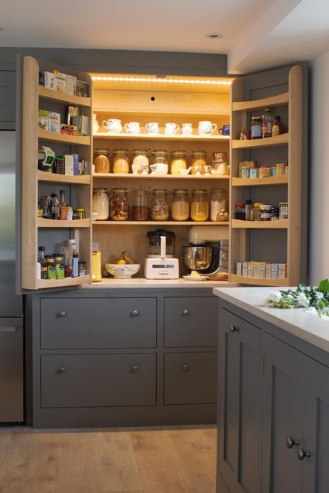 A beautiful open plan barn conversion - An open internally lit larder cupboard with amble storage and efficient ventilation. Sustainable Kitchens Organiser Cucina, Larder Cupboard, Sustainable Kitchen, Decorating Styles, Barn Conversion, Kitchen Extension, Hus Inspiration, Kitchen Decorating, Kitchen Diner