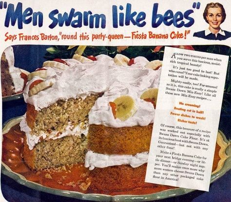 4 fabulous Fiesta Banana Cake recipes from 4 different decades 1 Fiesta Banana Cake, Sees Fudge Recipe, Banana Cake Recipes, Swans Down Cake Flour, Retro Desserts, Bee Cakes, Banana Cake Recipe, Heirloom Recipes, Vintage Dessert