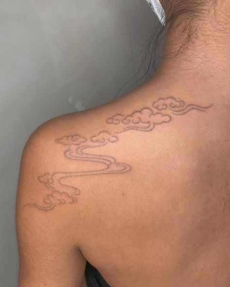 Asian Clouds Tattoo, Cloud Tattoo Collarbone, Calm In The Storm Tattoo, Foggy Tattoo, Cloud Tattoo Leg, Japanese Clouds Tattoos, Abstract Cloud Tattoo, Blue Cloud Tattoo, Myth Of Sisyphus Tattoo