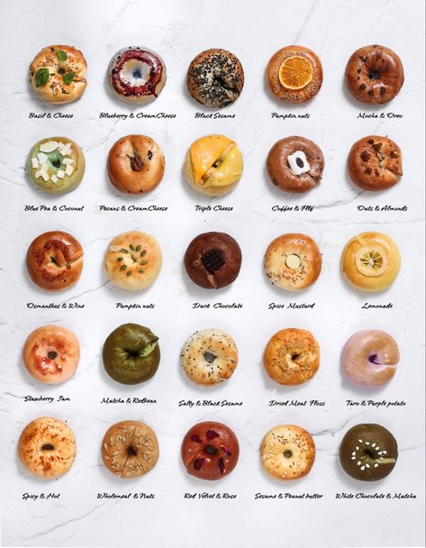 Types Of Bagels, Bagel Cafe, Donut Flavors, Crumbl Cookies, Food Infographic, Bagel Shop, Fair Food Recipes, Food Recepie, Bakery Recipes