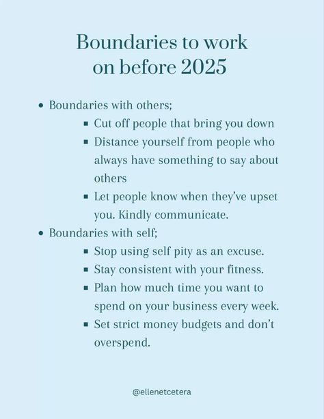 Set these boundaries before 2025! Remember all boundaries are self boundaries, no one HAS to respect your boundaries, you must enforce them! Is there anything you would like a more in depth post about? Follow for more! #setting #relationships #quotes toxic people #feminineenergyaffirmations #wombhealing #personalgrowthplan #higherself #follicularphase #gottmanworksheets #somatichealing #gratitudejournal #dailyhabits #ideas #innerchild #pilates #wellness #spellsthatactuallywork #dailyroutine #info #morning #workouts #core #lovelife #attractivepeople #powerfulaffirmations #visionboard inspiration wealth aesthetic self love dear self monday motivation to set in a relationship #healthy #psychologist #selfhelp #winterarc Gottman Worksheets, Self Boundaries, Quotes Toxic People, Respect Your Boundaries, Quotes Toxic, Wealth Aesthetic, Workouts Core, Aesthetic Self Love, Spells That Actually Work