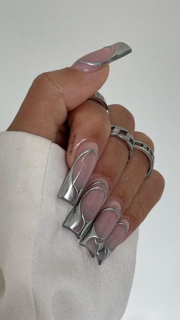 Beyonce Nails, Silver Acrylic Nails, Concert Nails, Milky Nails, Silver Nails, Square Acrylic Nails, Fire Nails, Funky Nails, Pretty Acrylic Nails