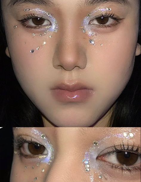 Glittery Eye Makeup, Concert Makeup, Liquid Crystal, Swag Makeup, Sparkling Eyes, Face Gems, Ethereal Makeup, Fairy Makeup, Dope Makeup