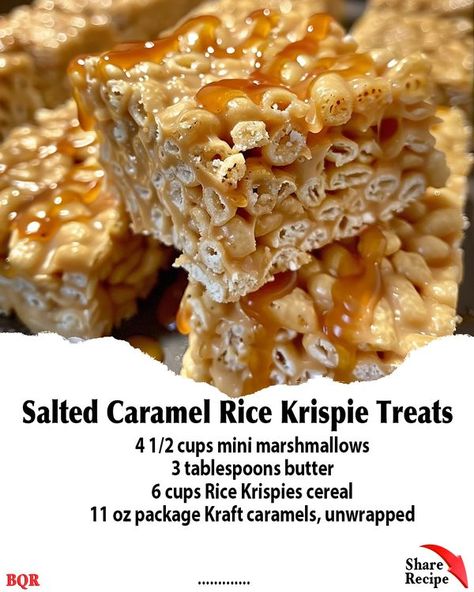 HummRecipes Salted Caramel Rice Krispie Treats, Caramel Rice Krispie Treats, Caramel Rice Cakes, Rice Krispies Cereal, Cheesecake Bars Easy, Puffed Rice Cereal, Banana Cream Cheesecake, Rice Cake Recipes, Rice Krispie Cereal