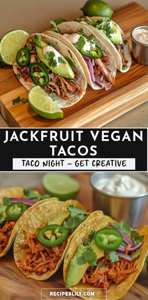 Join me for a flavorful taco night with these mouthwatering jackfruit vegan tacos! Loaded with tender jackfruit, fresh toppings, and a squeeze of lime, they’re perfect for any gathering. Get creative with your favorite salsas and toppings for a personalized touch! Canned Jackfruit Recipes, Jack Fruit Recipes, Jackfruit Ribs, Jackfruit Tacos Vegan, Jackfruit Vegan Recipes, Ripe Jackfruit, Tacos Vegan, Jackfruit Tacos, Canned Jackfruit