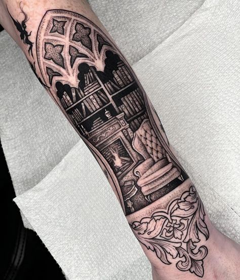 Library Tattoo, Forearm Cover Up Tattoos, Shadow Tattoo, Bookish Tattoos, Fantasy Tattoos, Spooky Tattoos, Book Tattoo, Dark Tattoo, Art Tattoos