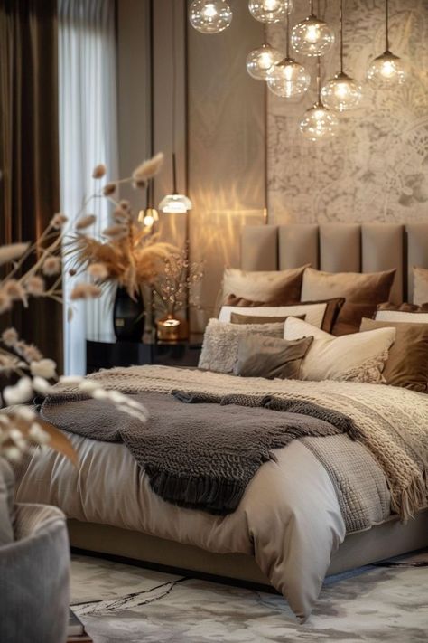 "Create a serene retreat with Elegant Bedroom Inspirations! 🛏️💫 Discover luxurious textiles, sophisticated color palettes, and refined furnishings to design a bedroom that exudes comfort and style. Perfect for restful and elegant living! 🌟🕯️ #ElegantBedroom #HomeDecor #BedroomInspo" Chocolate And Cream Bedroom Ideas, Neutral Romantic Bedroom, Elegant Cozy Bedroom, Beige Bedding Aesthetic, Simple Luxury Bedroom, Classic Bedroom Design Luxury, Warm Bedroom Aesthetic, Bedroom Panelling, Design A Bedroom