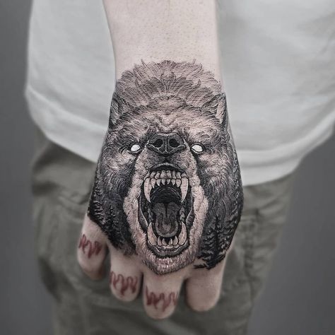 Bear Hand Tattoo, Grizzly Bear Tattoos, Hand Tatto, Tattoo For Boyfriend, Bear Skull, Army Tattoos, Bear Tattoos, Tattoo Hand, Bear Tattoo