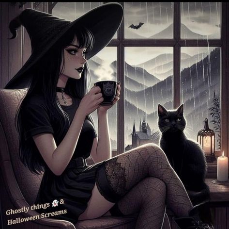 Witchy Autumn Aesthetic, Witch Oc Art, Gothic Pfp Aesthetic, Halloween Pfp Aesthetic, September Coffee, Witch Artwork, Icon Background, Black Cat Aesthetic, Witch Pictures