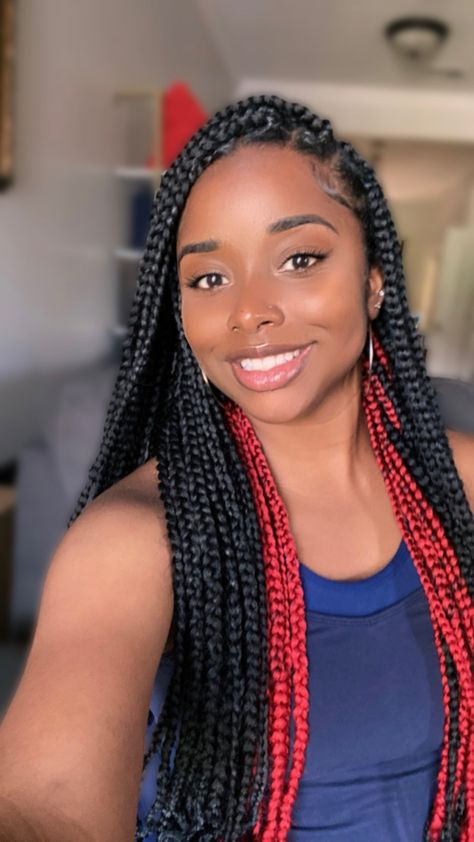 Trending summer style, 2022 styles, protective styles, peekaboo braids, skunk stripe braids, red braids, medium Knotless braids, long braids Knotless Braids Red, Peekaboo Knotless, Peekaboo Knotless Braids, Black Braid Styles, Long Knotless Braids, Red Peekaboo, Braids Red, Peekaboo Hair Colors, Black Box Braids