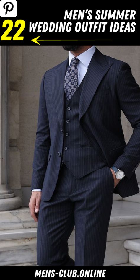 Dapper and Stylish: Men’s Summer Wedding Outfit Trends for 2023 Men In Three Piece Suits, Gentleman Suit Classy, Mens Work Suit, Navy Blue 3 Piece Suit Men, Stripe Suits For Men, Mob Outfits Men, Farewell Suits Men, French Suits Men, Black 3 Piece Suit Men