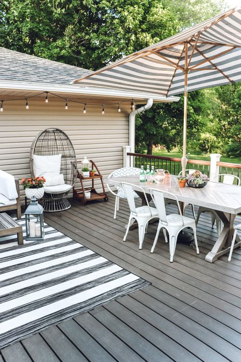 Inspired Reality Our Deck & Deck Ideas Home Decor | Inspired Reality Cozy Deck, Outdoor Deck Decorating, Interior Design Minimalist, Back Deck Decorating, Small Deck Decorating Ideas, Apartment Patio Decor, Deck Decorating Ideas, Patio Decorating Ideas On A Budget, Deck Decorating Ideas On A Budget