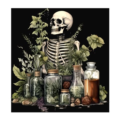 Skeleton And Plants Art, Skeleton And Plants Tattoo, Plant Physiology Art, Plants And Skeletons, Creepy Plants Drawing, Apothecary Artwork, Overgrown Skeleton, Skeleton And Plants, Fungi Painting