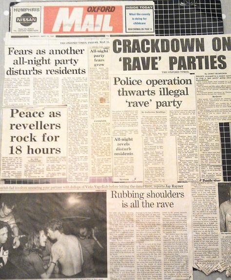 Newspaper reporting on early illegal raves! Dancing Plague, Acid House Rave, Diana Son, Inner Monster, Newspaper Fashion, Rave Scene, Moral Panic, 90s Rave, Kid Detectives