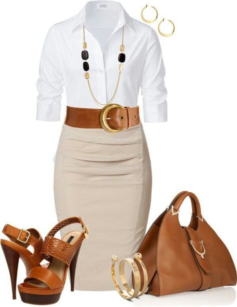 Pencil skirt, white shirt, brown heels and accessories. Reminds me of the J. Peterman style. Classic Work Outfits, Rocker Girl, Christian Dior Couture, Woman Style, Workwear Fashion, 가을 패션, Work Attire, Business Outfits, Mode Inspiration