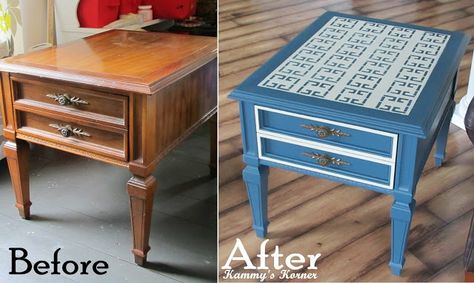 Kammys Korner: I Eyeballed It End Table {Stenciled Top} Painted End Tables, End Table Makeover, Chalk Paint Furniture Diy, Painted Drawers, Stencil Furniture, Painting Furniture Diy, Refurbished Furniture, Paint Furniture, Flipping Furniture