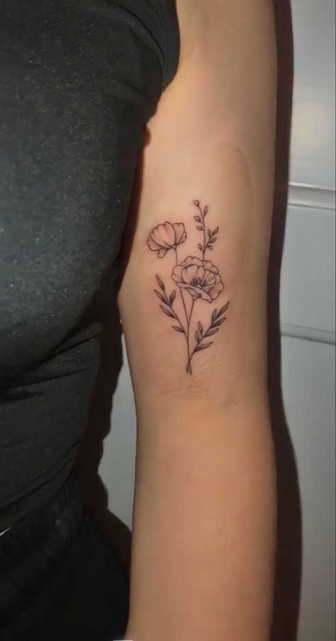 Flower Bunch Tattoo, Bunch Of Flowers Tattoo, Flower Tat, May Birth Flowers, Flower Tattoo Arm, Flower Bunch, Birth Flower Tattoos, Peonies Tattoo, Line Flower