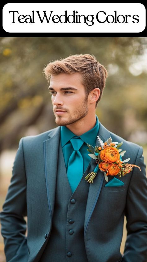 Elegant teal wedding color palette with seasonal color schemes for summer, spring, and fall, featuring teal accents for groomsmen and wedding themes. Peacock Color Scheme Wedding, Bermuda Blue Wedding Colors, Dark Teal Groomsmen Attire, Dark Teal And Copper Wedding, Teal Wedding Suit, Teal Groomsmen Attire, Dark Teal Wedding Colors, Colorful Groomsmen Attire, Teal And Terracotta Wedding