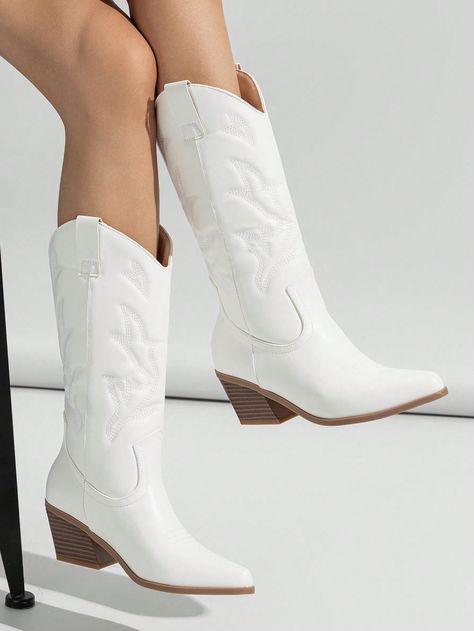 Women's White Pointed Toe Western Style Mid-Calf Boot With Embroidery And Chunky Heel, Cowboy Boots For Women White     Plain    Women Shoes, size features are:Bust: ,Length: ,Sleeve Length: Black And White Cowgirl Boots, Cowgirl Boots White, Bota Cowboy, Cowboy Boots White, Fun Cowgirl Boots, Boots White, Cowgirl Boot, White Cowgirl Boots Outfit, Vaquera Boots