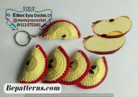 Easy Amigurumi Crochet | Free Patterns | Cute Crochet Animals Crochet Fruit Slices Free Pattern, Crochet Apple Slice, Crochet Fruit Keychain, Crochet Heart Keychain, Apple Crochet, Crochet Key Cover, Fruit Keychain, Sliced Fruit, Keychain Patterns