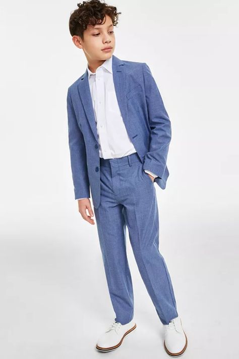 He'll love the dapper dressed-up look of this two-piece suit set, featuring a subtly textured, two-button jacket and coordinating dress pants, a perfect suit set for any occasion. #boy #suitset #single_breasted #party_wear Formal Outfit For Teens, Shirt And Tie Outfits, Boys Dressing Style, Wedding Outfit For Boys, Tie Outfit, Body Con Dress Outfit, Dressy Casual Outfits, Suit Set