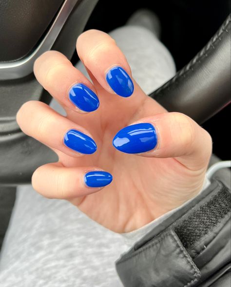 Opi Ring In The Blue Year, Ring In The Blue Year Opi, Royal Blue Dip Nails, Shiny Blue Nails, Royal Blue Almond Nails, Clean Girl Nails Almond, Almond Blue Nails, Nails Clean Girl, 80s Nails