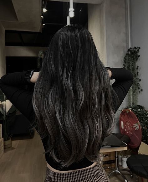 White Lowlights On Dark Hair, Grey Highlights On Dark Hair Asian, Dark Grey Hair Highlights, Dark Gray Hair Highlights, Grey With Black Hair, Aesthetic Highlight Hair, Asian Grey Highlights, Black Hair Colors With Highlights, Black Hair With Streaks Of Blonde