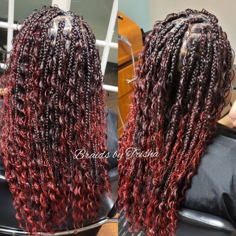 Burgundy Bohemian Braids, Burgundy Bohemian Box Braids, Bohemian Braids Burgundy, Maroon Boho Braids, Red Ombré Braids, Ombre Goddess Box Braids, Burgundy Ombre Braids, Burgandy Ombre, Ombre Burgundy Box Braids