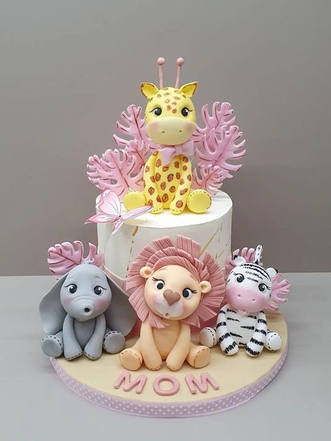 Pink Wild One Cake, Pink Safari Cake, Bolo Fake Safari, Cartoon Birthday Cake, Giraffe Party, Animals Cake, Pink Safari, Happy Anniversary Cakes, Animal Birthday Cakes