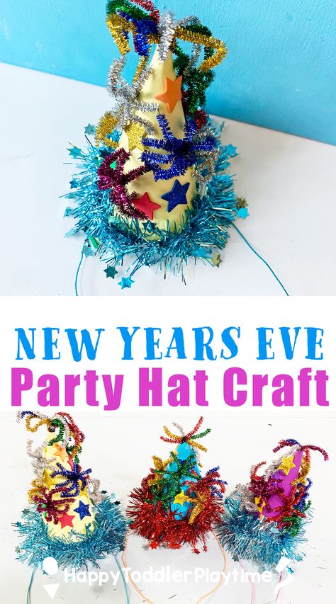 New Year's Eve Party Hat Craft For Kids - Happy Toddler Playtime New Years Eve Hats For Kids, Diy Nye Hats For Kids, Diy Hats For Kids Crafts, New Years Hat Craft For Kids, New Years Hats For Kids, New Year’s Eve Crafts For Kids, Happy New Year Crafts For Kids, New Years Eve Crafts, New Years Crafts For Kids