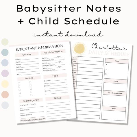 This is a bundle of our popular babysitter important information sheet and child schedule templates. The babysitter notes template includes sections for general info, children's info, routines, food info, emergency contacts, and any other notes you need to add! The child schedule template is customizable with your child's name! Perfect for printing and editing as your child's schedule changes. Babysitting Schedule Template, Coparenting Schedule Template, Babysitter Printable Free, Babysitter Information Sheet Free, Babysitting Binder For Babysitter, Babysitter Notes, Parenting Printables, Toddler Schedule, Baby Basics