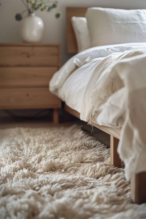 How To Lay Rug Under Bed: Bedroom Decor Enhancement Rugs Under Beds On Hardwood Floors, Bedroom Rugs Under Bed, Rug Under Bed, Rug Placement, Statement Rug, Industrial Minimalist, Cozy Rugs, Bed Bedroom, Bedroom Rugs