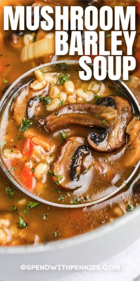 This Mushroom Barley Soup is great for those busy weeknights! In under an hour, you'll have a flavorful, delicious soup made from scratch! #spendwithpennies #mushroombarleysoup #recipe #maindish #meatless #easy Baby Bella Mushroom Recipes, Mushroom Barley, Vegetable Barley Soup, Mushroom Barley Soup, Fresh Tomato Soup, Beef Barley, Beef Barley Soup, Soup Easy, Spend With Pennies