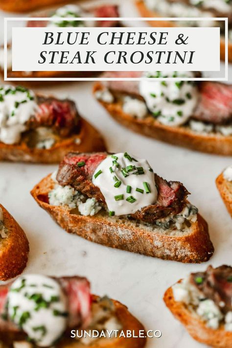 I absolutely love these steak crostini with blue cheese and garlic sauce! They have crispy, olive oil-coated crackers, tender top sirloin steak, crumbly blue cheese, a lemony garlic sauce, & fresh chives. So good! You can make this easy steak appetizer for a party or holidays like Thanksgiving and Christmas. Or, switch up the ingredients - make them with Boursin cheese, goat cheese, horseradish sauce, caramelized onions, or chimichurri. Your guests will love this simple fall & winter appetizer! Sirloin Steak Appetizers, Blue Cheese Appetizers, Steak Crostini, Pesto Appetizers, Steak Appetizers, Steak Gorgonzola, Winter Appetizers, Steak With Blue Cheese, Beef Appetizers