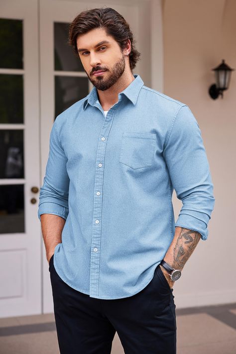 This men's shirt is made of denim and cotton fabrics, and it has a sophisticated and graceful look. The denim fabric gives it a timeless and versatile look, which is a great addition to your wardrobe. #men #denim #shirt #sky_blue #solid Jeans Shirt For Men, Sky Blue Shirt Outfit Men, Blue Shirt Outfit Men, Wardrobe Men, Male Outfit, Model Jeans, Mens Smart Casual Outfits, Shirt Outfit Men, Western Work