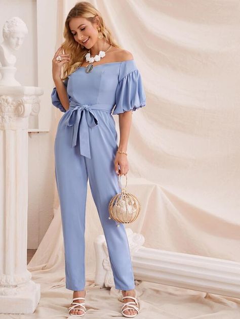 Puff Sleeve Belted Bardot Jumpsuit | SHEIN USA Palazzo Jumpsuit, Hot Jumpsuits, Jumpsuit Elegant, Jumpsuit Summer, Puffed Sleeves Dress, Blue Colour, Womens Clothing Stores, Latest Updates, Affiliate Links